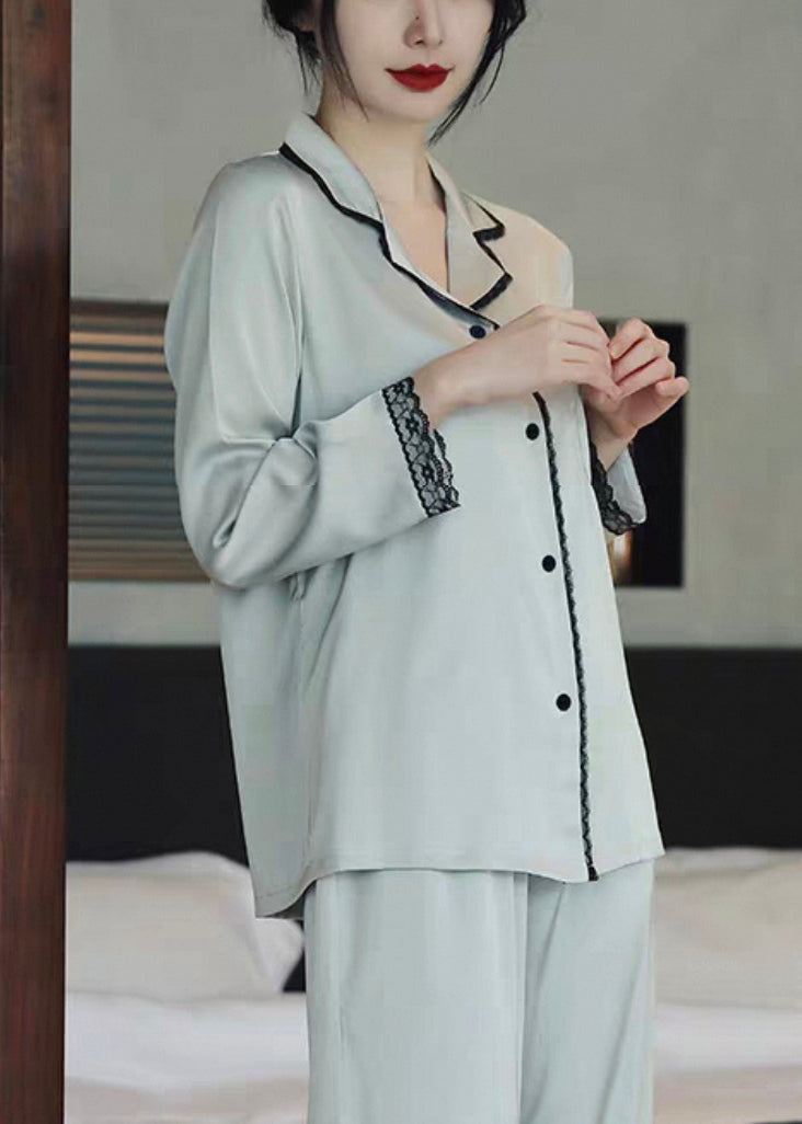 Italian Light Blue Side Open Lace Patchwork Ice Silk Pajamas Two Piece Set Spring YK008