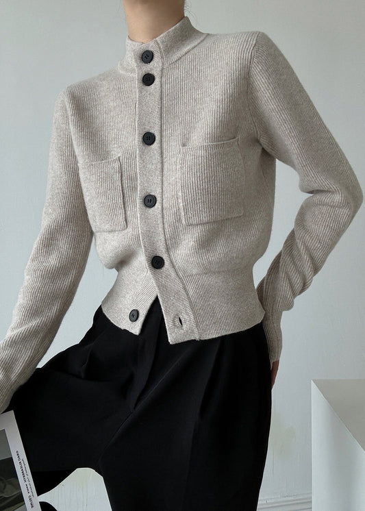 Cardigans italiens en laine gris clair à col montant et boutons, printemps TY026