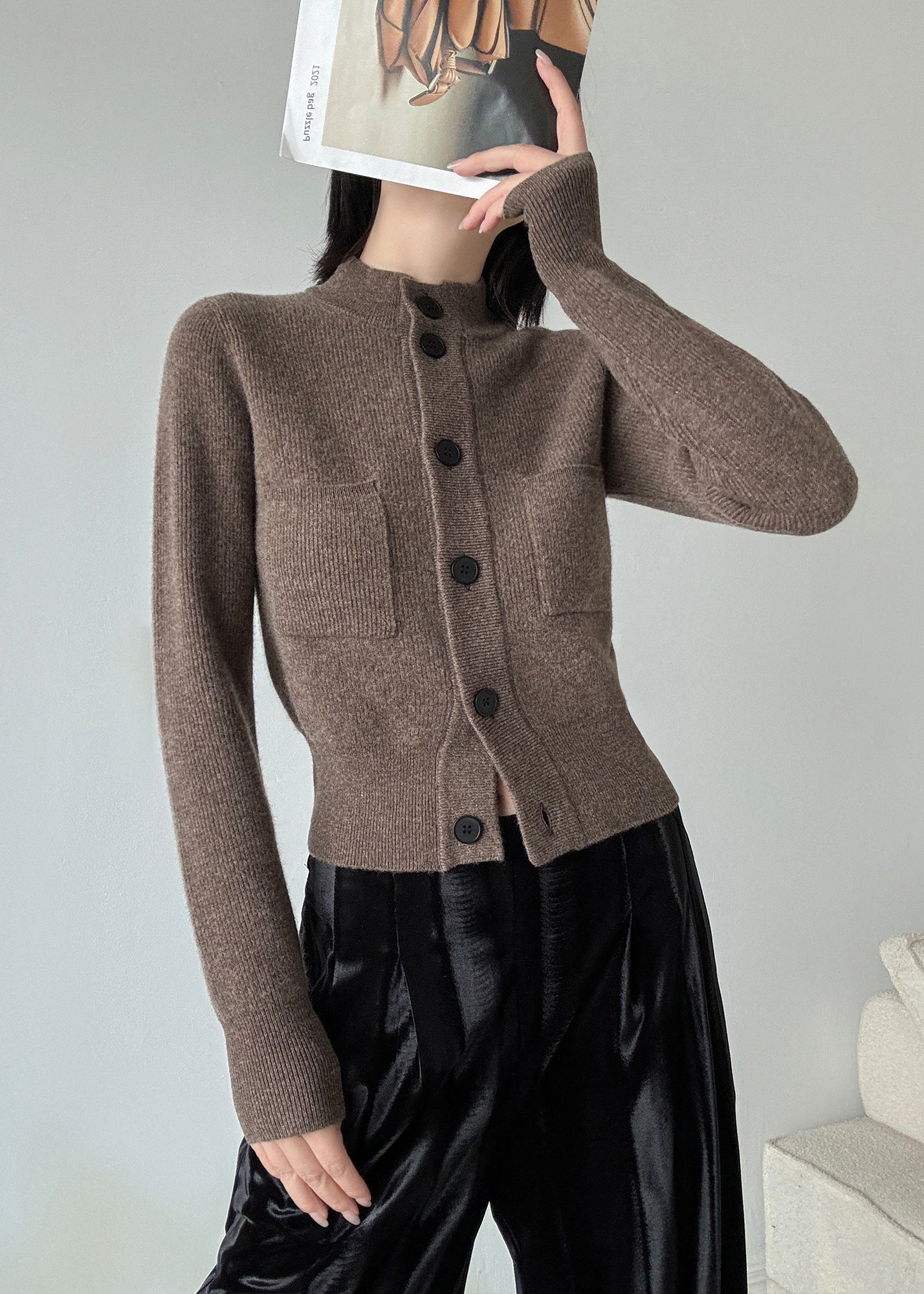 Cardigans italiens en laine gris clair à col montant et boutons, printemps TY026