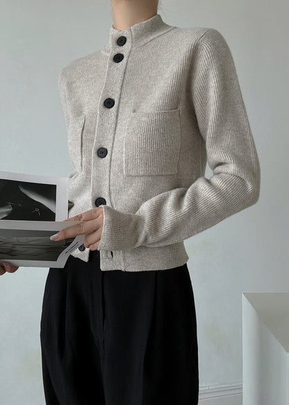 Cardigans italiens en laine gris clair à col montant et boutons, printemps TY026