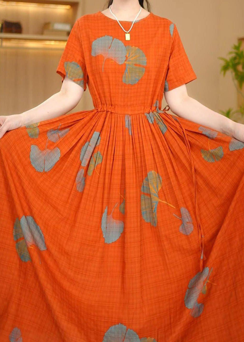 Orange Sommerkleider aus italienischer Baumwolle mit Maxi-Print