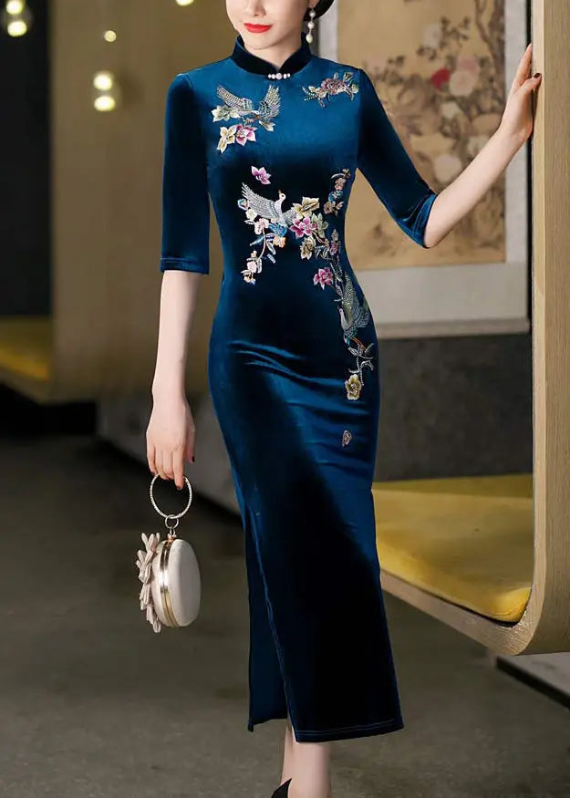 Italian Peacock Blue Stand Collar Embroidered Silk Velour Dresses Half Sleeve Ada Fashion