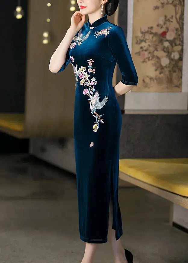 Italian Peacock Blue Stand Collar Embroidered Silk Velour Dresses Half Sleeve Ada Fashion