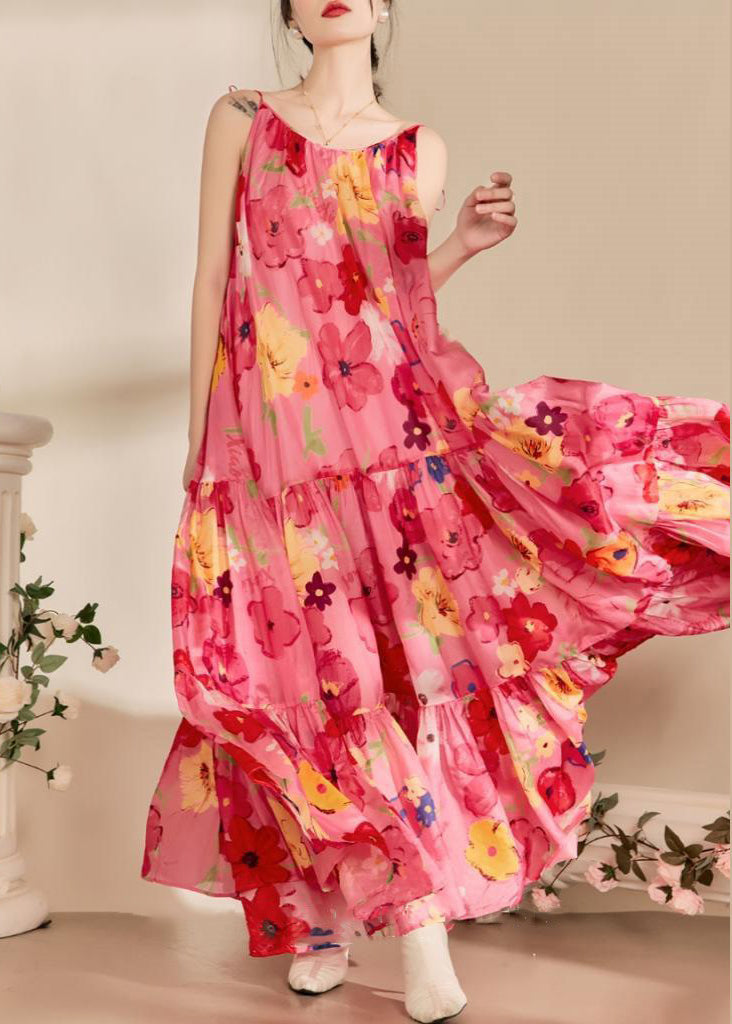 Italian Pink Print Backless Cotton Spaghetti Strap Dress Sleeveless XX092