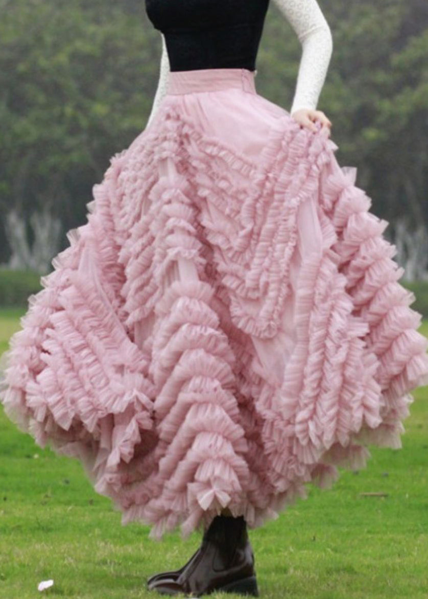 Italian Pink Ruffled High Waist Tulle Skirts Spring Ada Fashion