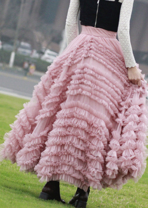 Italian Pink Ruffled High Waist Tulle Skirts Spring Ada Fashion