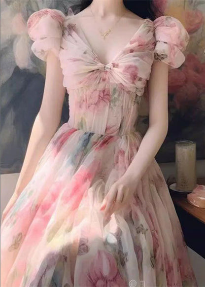 Robe longue en mousseline de soie à imprimé rose italien à col en V pour l'été XX069