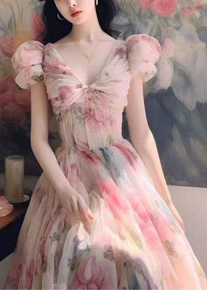 Robe longue en mousseline de soie à imprimé rose italien à col en V pour l'été XX069