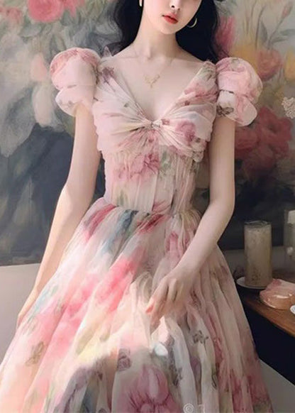 Robe longue en mousseline de soie à imprimé rose italien à col en V pour l'été XX069