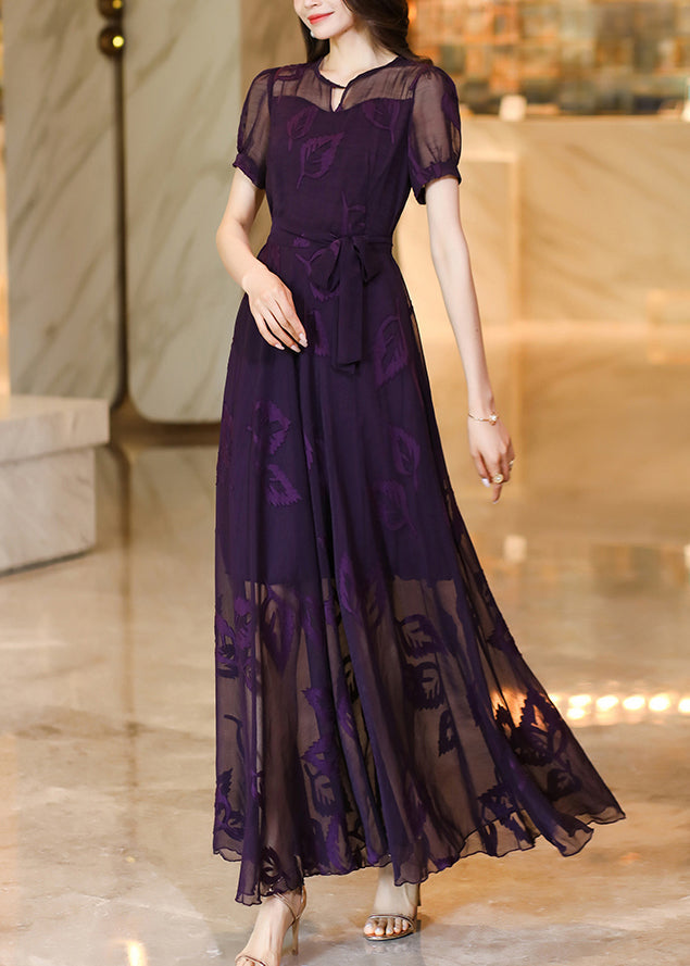 Italian Purple Embroidered Lace Up Chiffon Maxi Dress Summer XX073