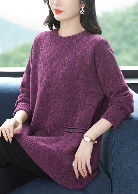 Pull en laine épaisse violet italien à col rond et poches pour l'hiver RL035