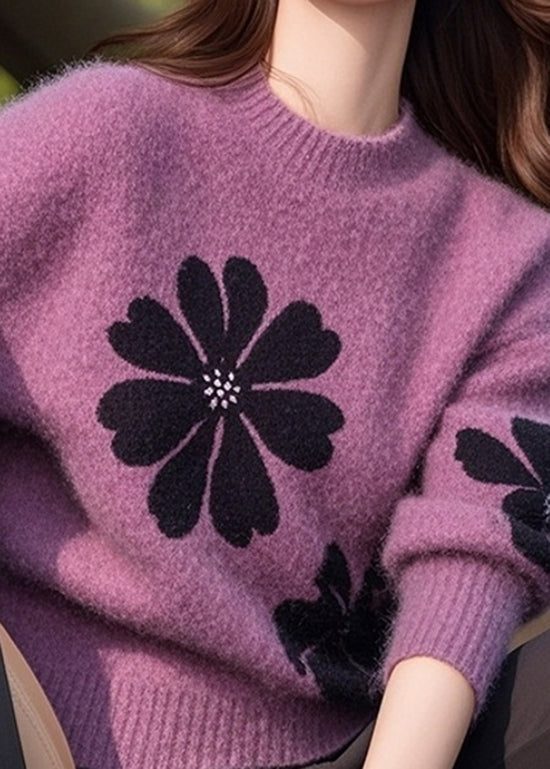 Pull en tricot épais à col rond violet italien pour l'hiver TO001