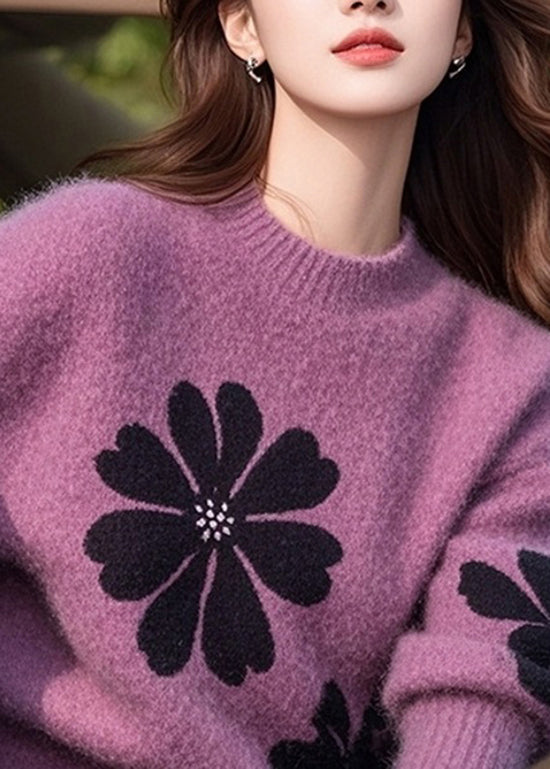 Pull en tricot épais à col rond violet italien pour l'hiver TO001