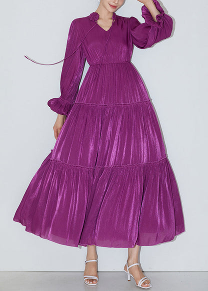 Robe longue en soie à volants violets italiens à taille élastique et manches papillon AM1005