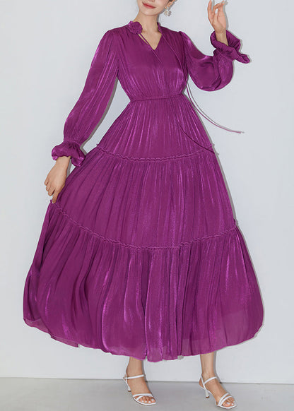 Robe longue en soie à volants violets italiens à taille élastique et manches papillon AM1005