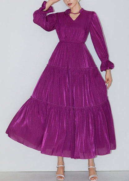 Robe longue en soie à volants violets italiens à taille élastique et manches papillon AM1005