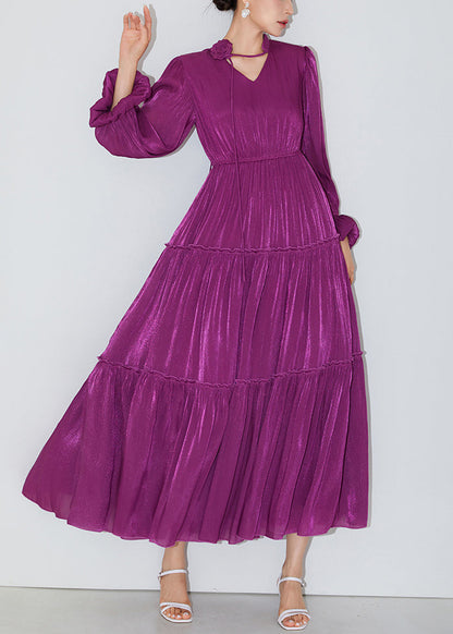 Robe longue en soie à volants violets italiens à taille élastique et manches papillon AM1005