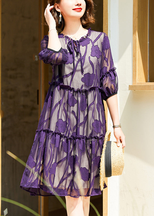 Italian Purple Ruffled Lace Up Chiffon Dresses Half Sleeve OP1011