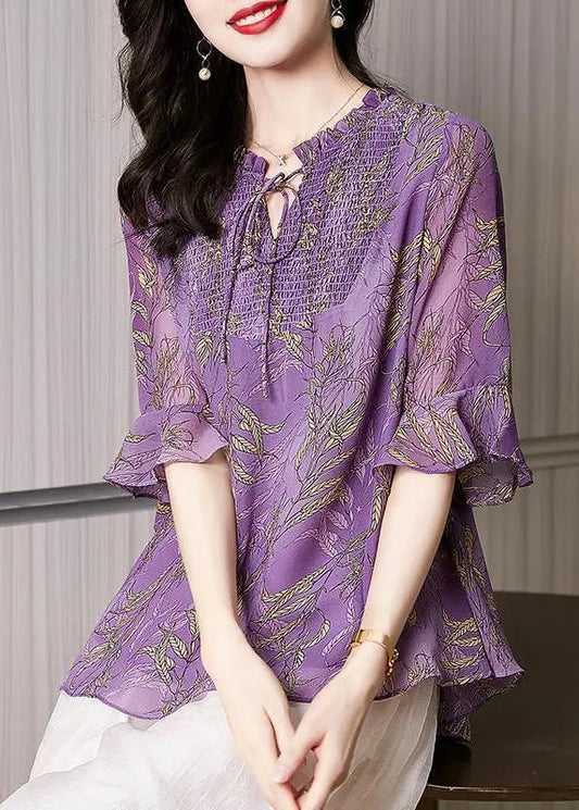 Italian Purple Ruffled Print Chiffon Blouses Summer Ada Fashion