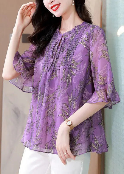 Italian Purple Ruffled Print Chiffon Blouses Summer Ada Fashion