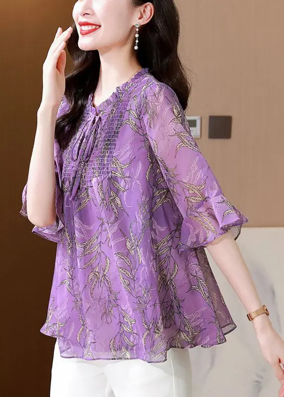 Italian Purple Ruffled Print Chiffon Blouses Summer Ada Fashion