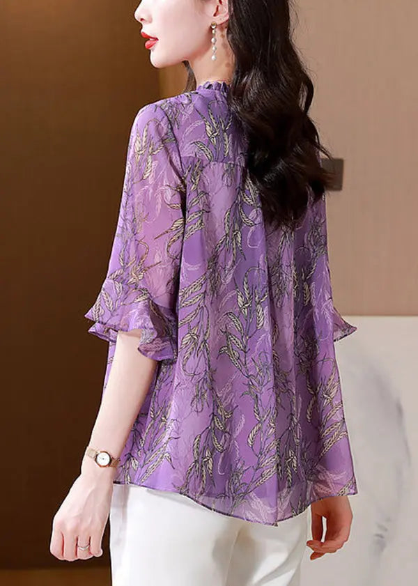 Italian Purple Ruffled Print Chiffon Blouses Summer Ada Fashion