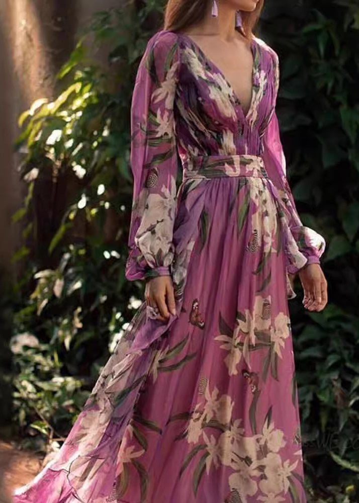 Italian Purple V Neck Print Chiffon Maxi Dresses Long Sleeve WW1047