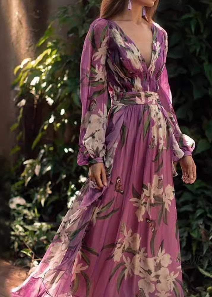 Italian Purple V Neck Print Chiffon Maxi Dresses Long Sleeve WW1047