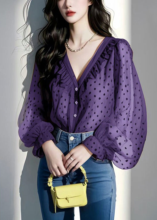 Italian Ruffled Spring V Purple Shirts Chiffon Dot Neck