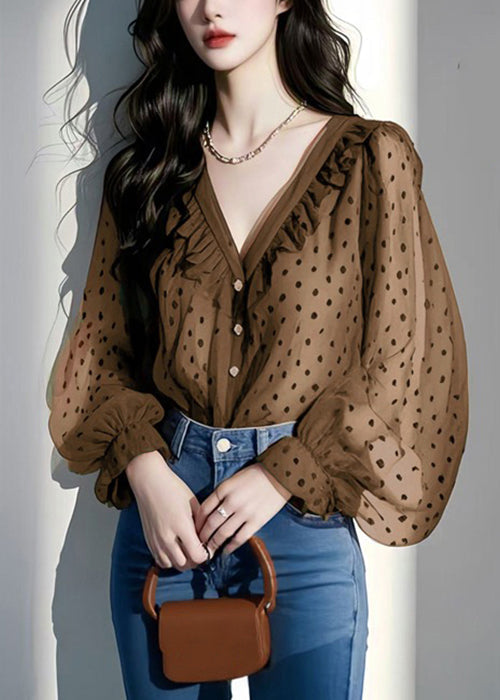 Italienische Rüschen Frühling V Lila Shirts Chiffon Dot Neck