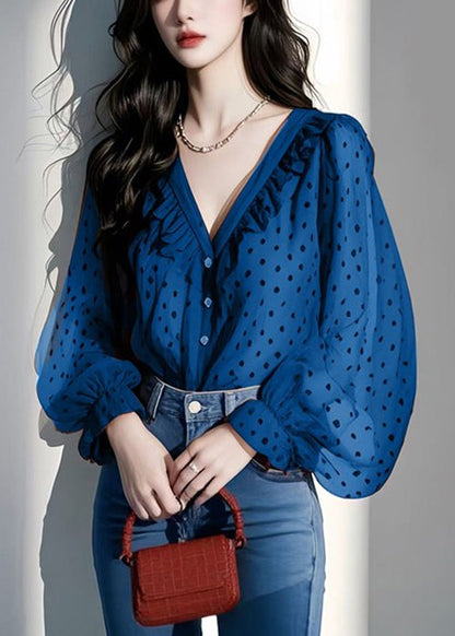 Italienische Rüschen Frühling V Lila Shirts Chiffon Dot Neck