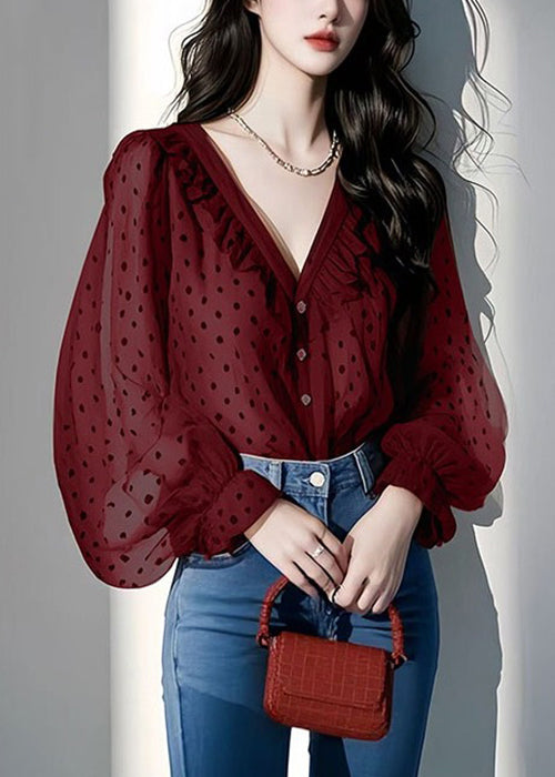 Italienische Rüschen Frühling V Lila Shirts Chiffon Dot Neck