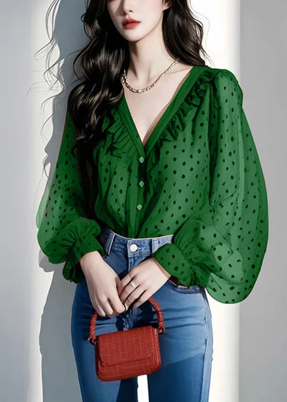 Italienische Rüschen Frühling V Lila Shirts Chiffon Dot Neck