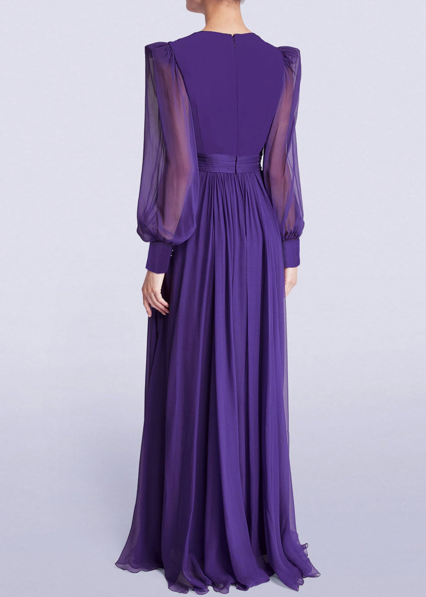 Italian Purple V Neck Wrinkled Chiffon Maxi Dresses Fall QR042