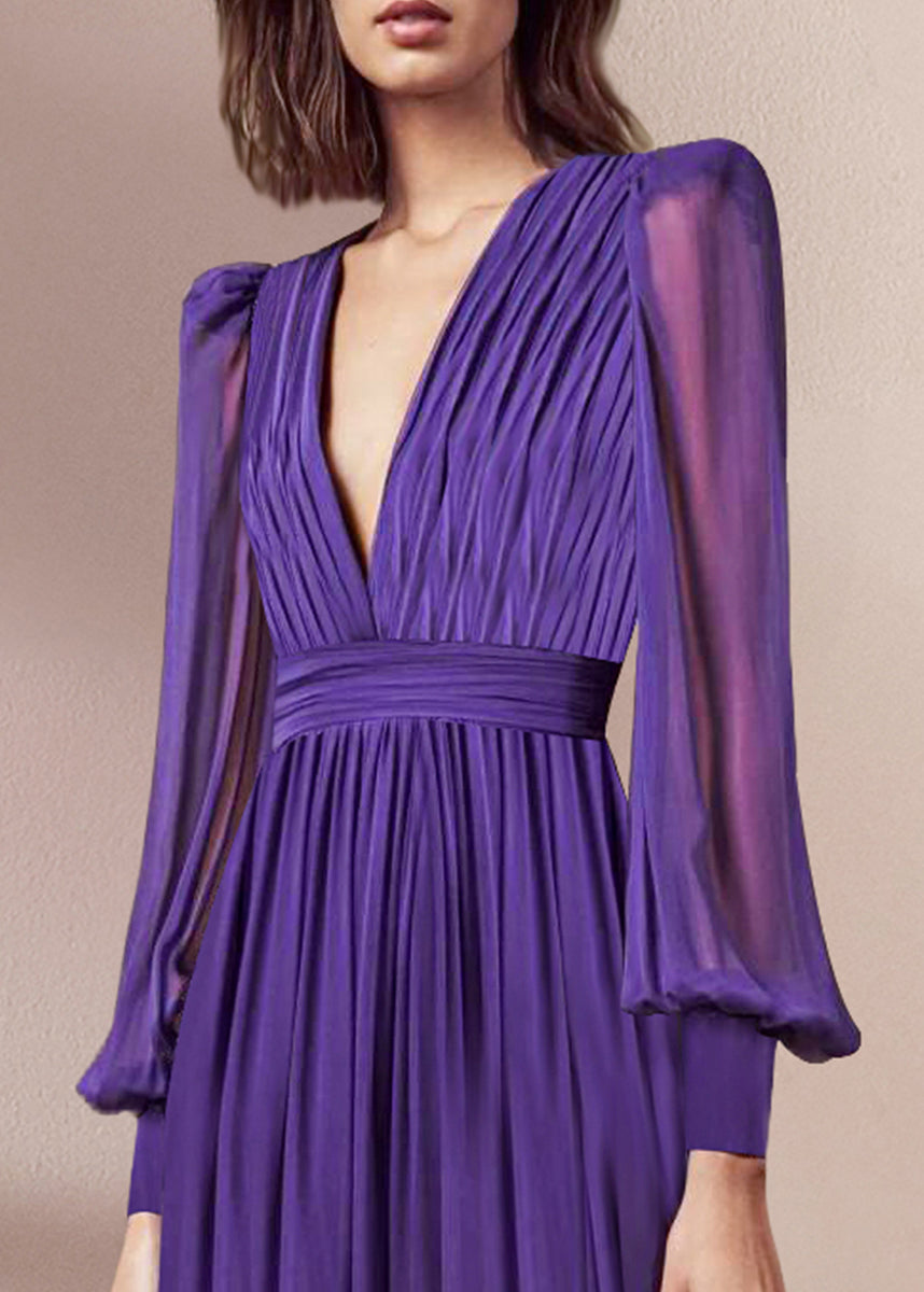 Italian Purple V Neck Wrinkled Chiffon Maxi Dresses Fall QR042