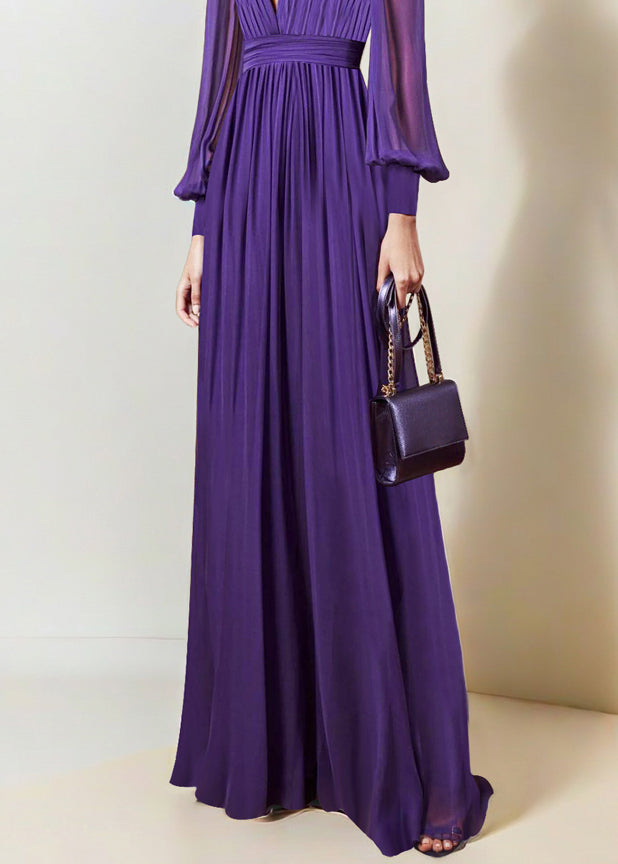 Italian Purple V Neck Wrinkled Chiffon Maxi Dresses Fall QR042