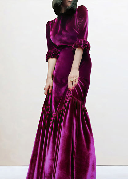 Robe longue en velours froissé violet italien à fermeture éclair et manches papillon AM1036