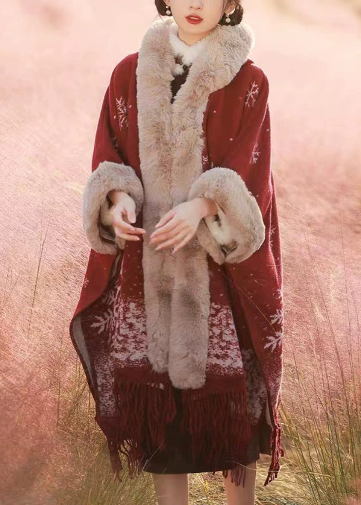 Italian Red Tassel Print Fur Collar Warm Fleece Cape Winter WO020