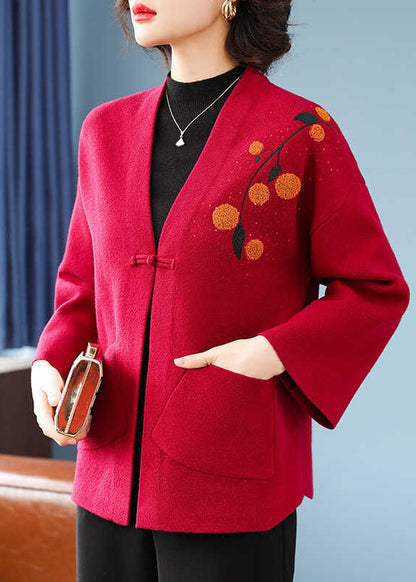 Italienische rote Strickjacke aus Baumwolle mit V-Ausschnitt und Taschen, Armbandärmel, TA021