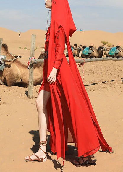 Maxikleid Herbst Quaste V Chiffon Hals Italienische Rote Perlen Nagel
