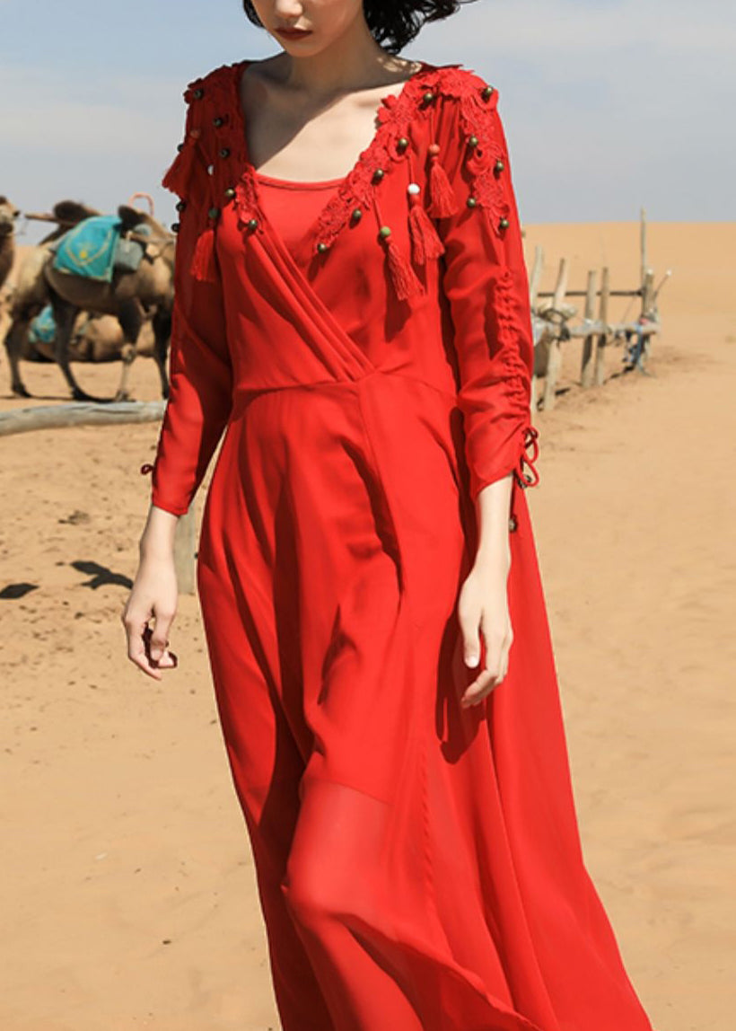 Maxikleid Herbst Quaste V Chiffon Hals Italienische Rote Perlen Nagel