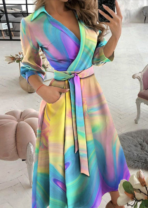 Italian Tie Dye Peter Pan Collar Tie Waist Cotton Dress Fall QR002