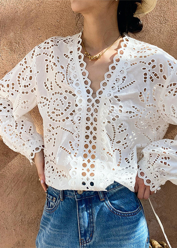 Chemises italiennes blanches en coton ajouré pour le printemps