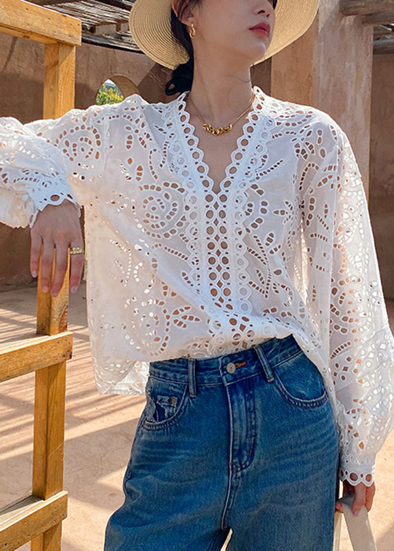 Chemises italiennes blanches en coton ajouré pour le printemps