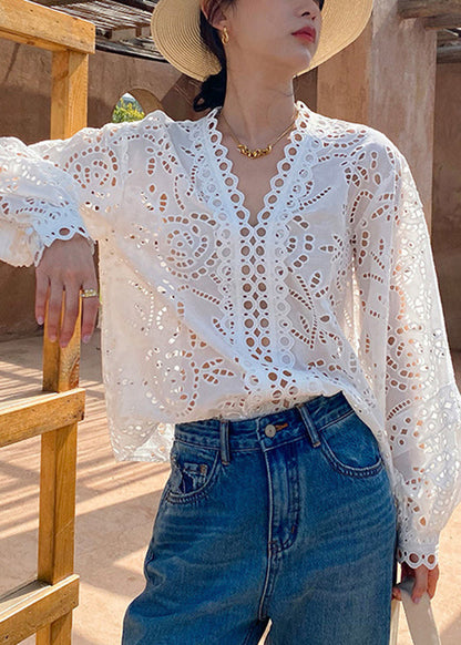 Chemises italiennes blanches en coton ajouré pour le printemps