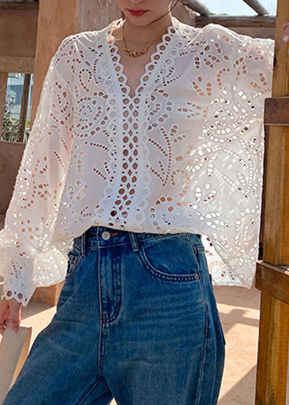 Chemises italiennes blanches en coton ajouré pour le printemps