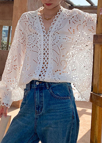 Chemises italiennes blanches en coton ajouré pour le printemps