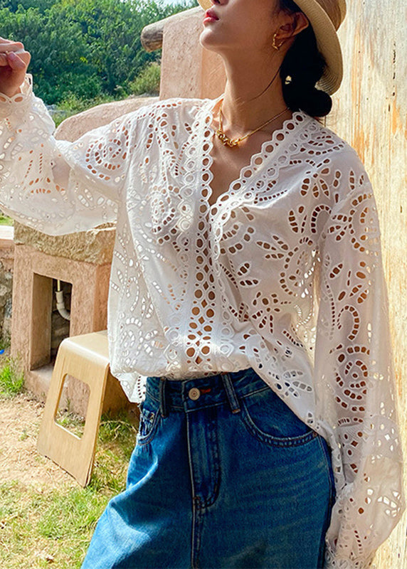 Chemises italiennes blanches en coton ajouré pour le printemps