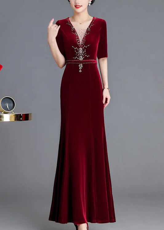 Italian Wine Red V Neck Zircon Silk Velour Long Dresses Fall Ada Fashion