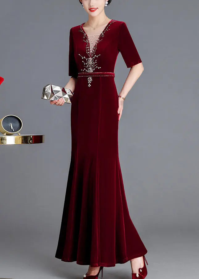 Italian Wine Red V Neck Zircon Silk Velour Long Dresses Fall Ada Fashion